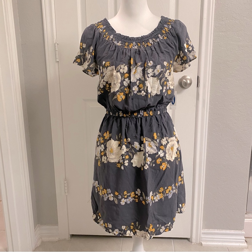 Smock Neck Elastic Waist Grey Floral Dress Petite Size XS Petite - Old Navy